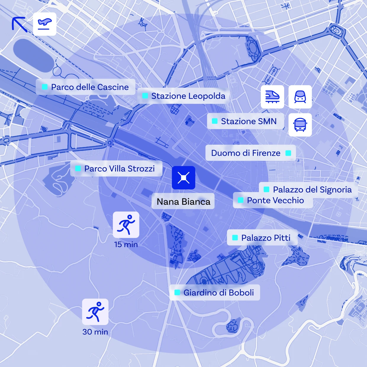 Mappa di Firenze: Nana Bianca nel centro, coi punti di interesse (Duomo, Ponte Vecchio, Stazione S. Maria Novella, Palazzo Pitti, Giardino di Boboli…) e i tempi a piedi entro 15 e 30 minuti.